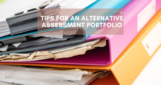 Binders on a table with the words tipe for an alternative assessment portfolio over the image